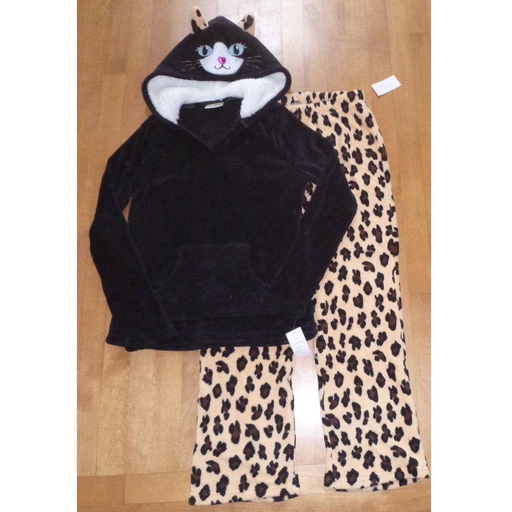 Zoe & Bella Black Cat 2 pc Fleece Pajama Set - Hooded Shirt Pants Size S M NWT